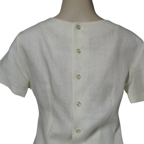 VTG 50s LINEN Blend Beige Lace Cutwork Crop Blouse Demure Mad Men Fairy Mod M - Picture 5 of 6